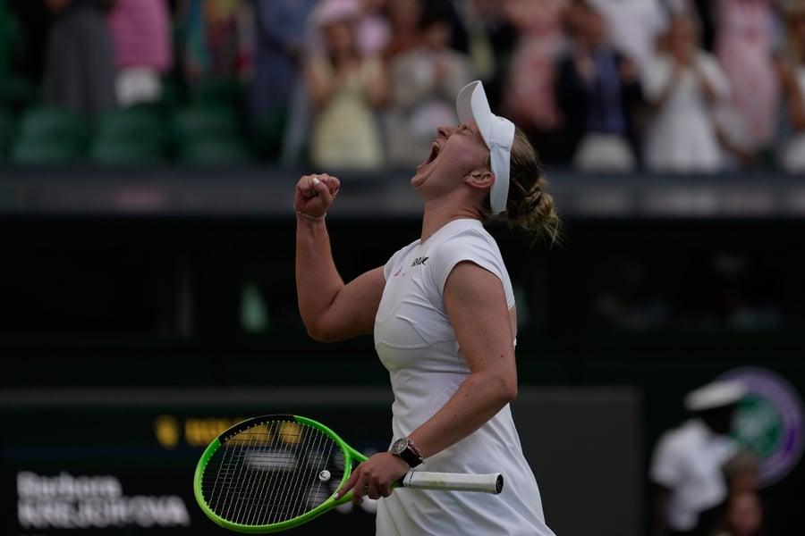 Barbora Krejcikova celebrates victory over Mirra Andreeva at Wimbledon 2026 Centre Court