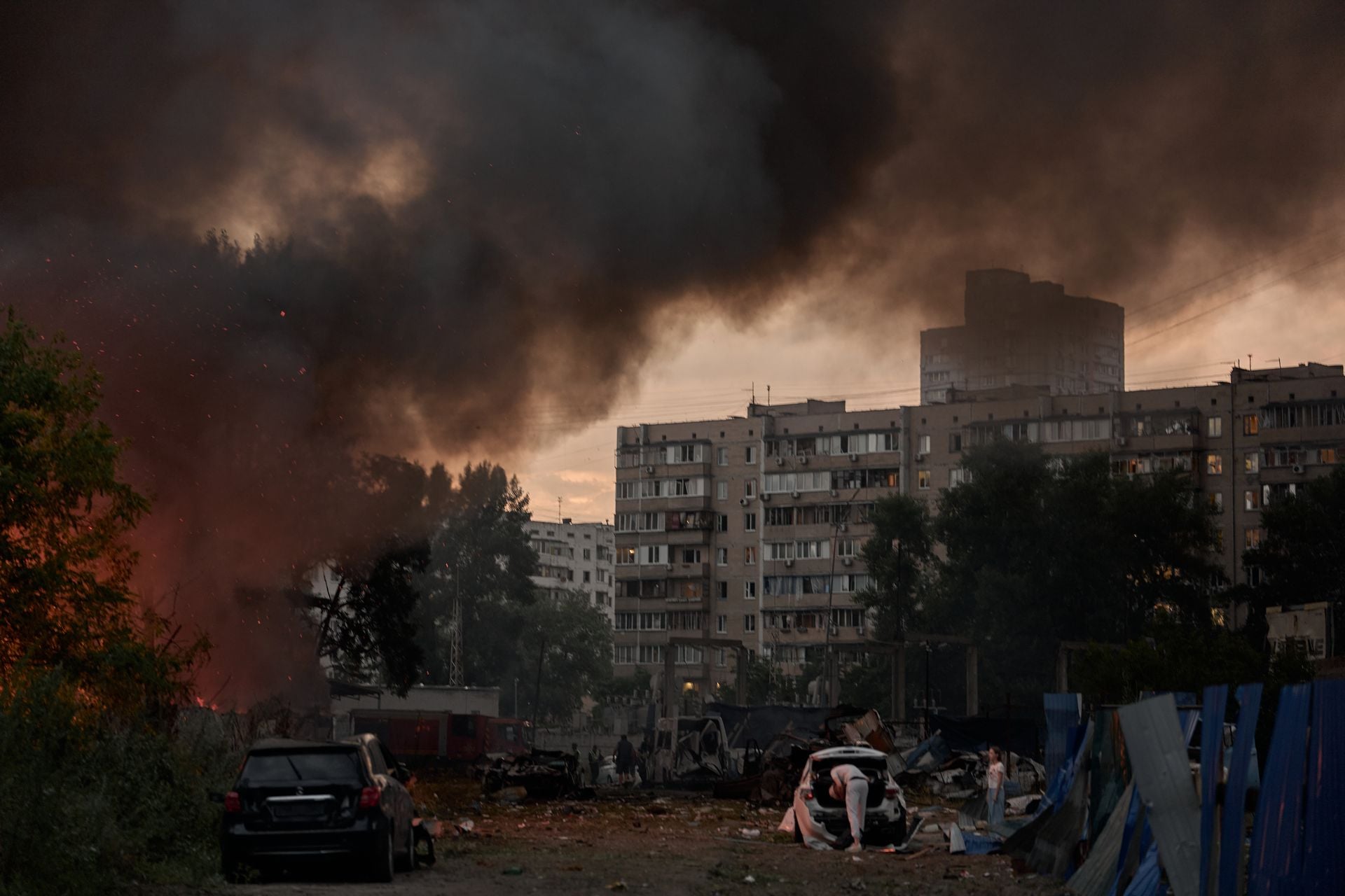 Garage cooperative burning after Russian missile strike on Kyiv residential district July 6 2026