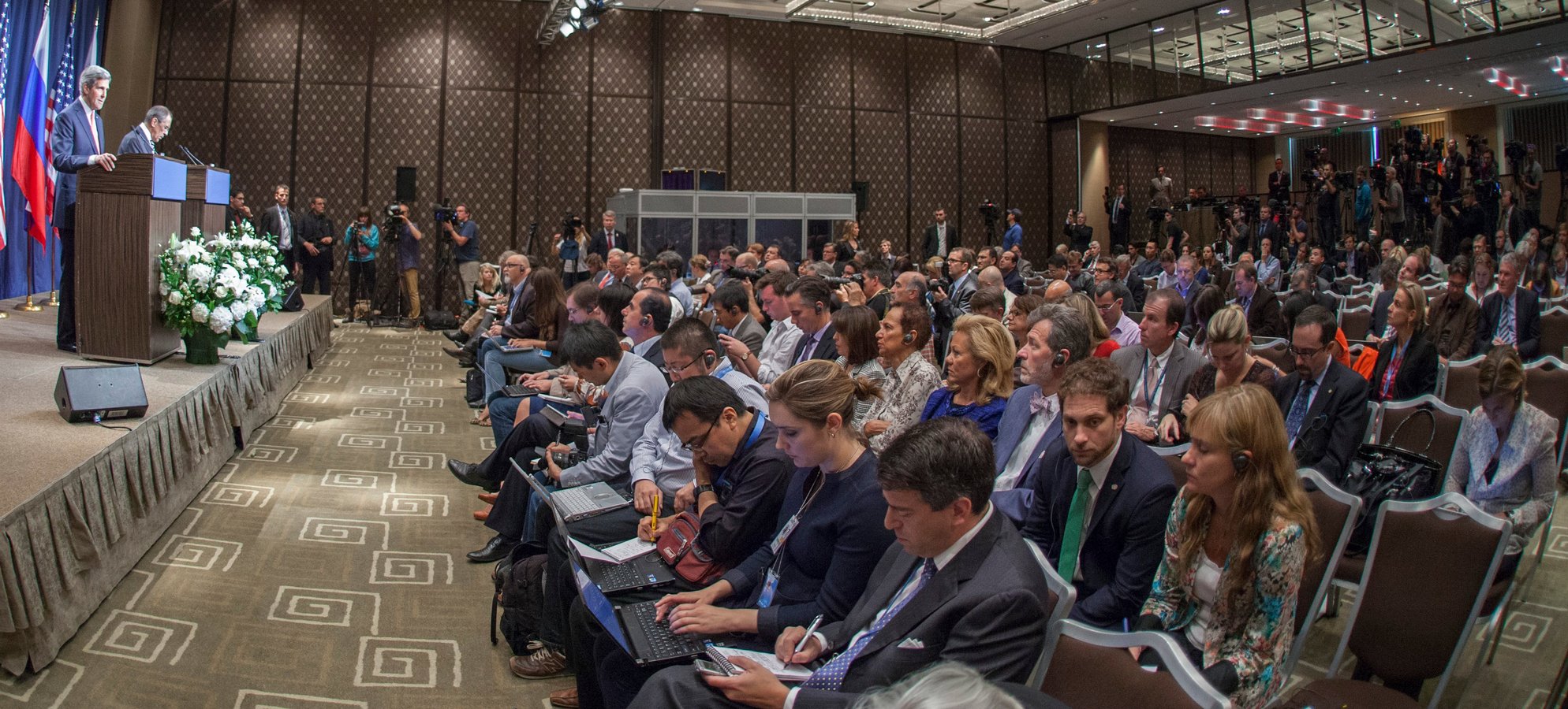Russian Foreign Minister Sergey Lavrov speaking at a press conference