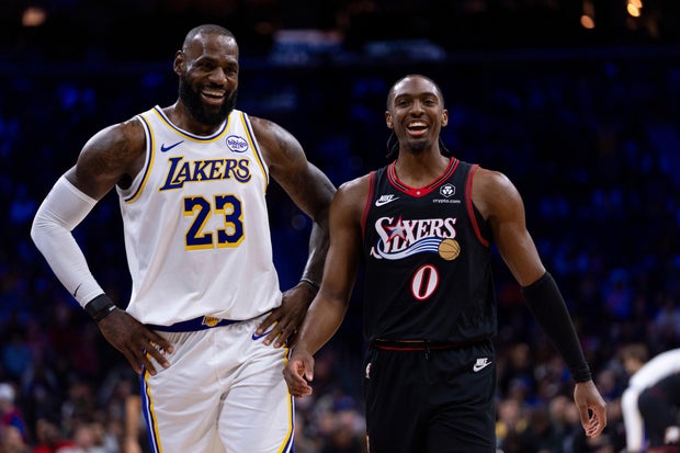 LeBron James and Tyrese Maxey during NBA game at Philadelphia