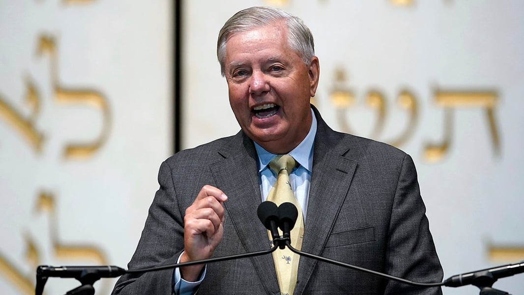 Senator Lindsey Graham speaking in the Senate, whose Russia sanctions act advanced 86-12 after his death