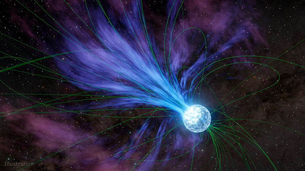 Artist's illustration of a magnetar — a highly magnetized neutron star — of the type observed forming inside supernova SN 2024afav