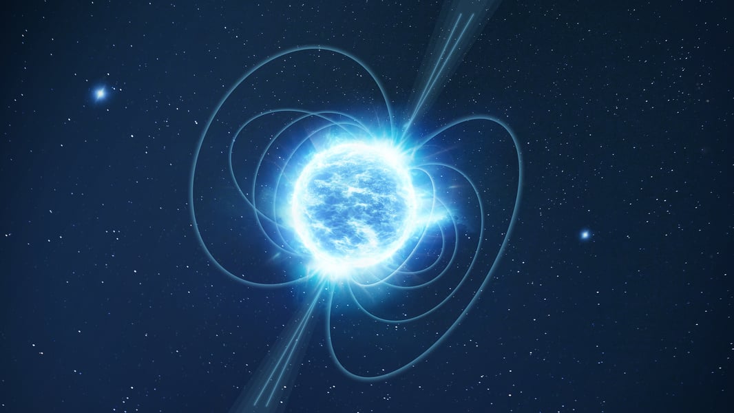 Artist's impression of a magnetar showing powerful magnetic field lines streaming from the poles of a neutron star