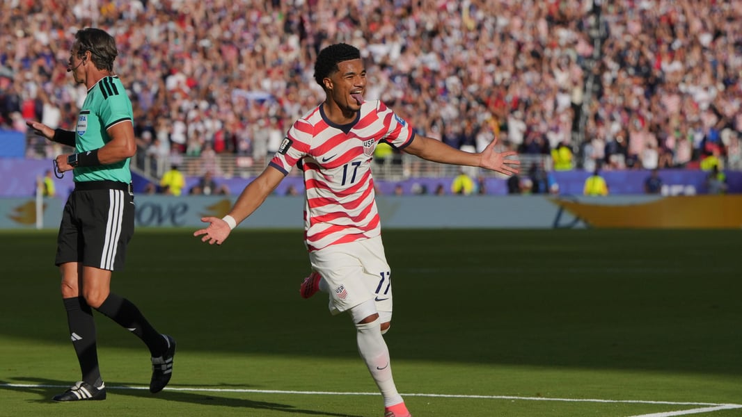 Malik Tillman of the USMNT celebrates his free kick goal against Bosnia and Herzegovina at the 2026 World Cup