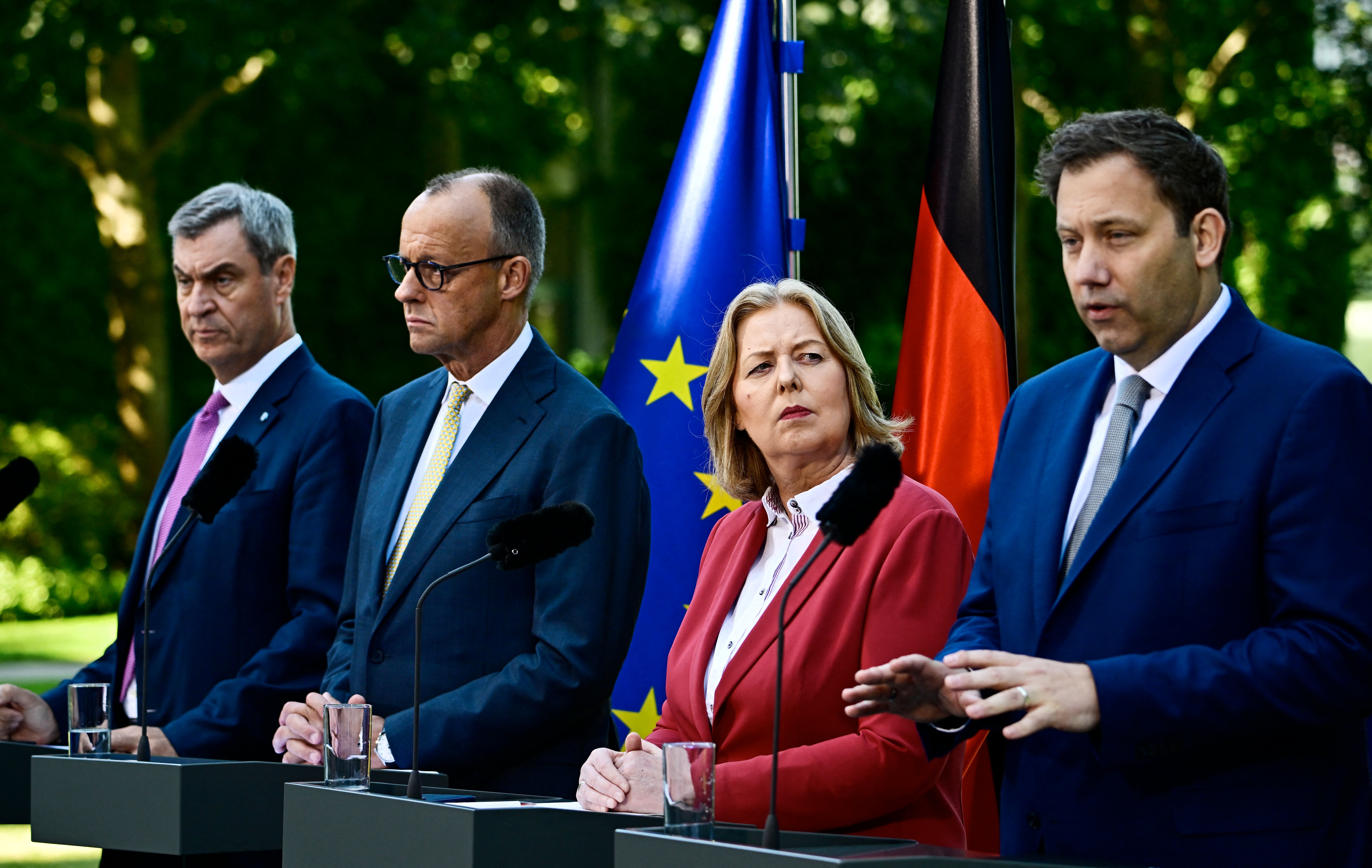 German Chancellor Friedrich Merz and coalition partners announce the Programme for Revival and Employment at the Berlin Chancellery garden press conference July 2026