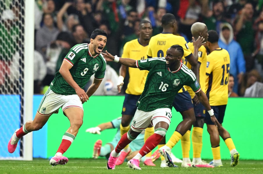Mexico players celebrate their 2-0 Round of 32 victory over Ecuador at Azteca Stadium at the 2026 FIFA World Cup