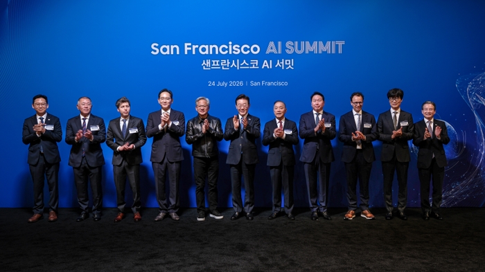 Nvidia CEO Jensen Huang at the San Francisco AI Summit July 2026 with Korean technology partners