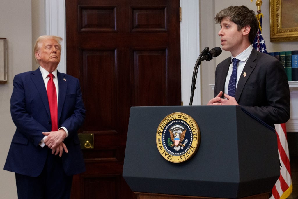 OpenAI CEO Sam Altman with President Trump as OpenAI proposes a 5% equity stake to a US sovereign wealth fund