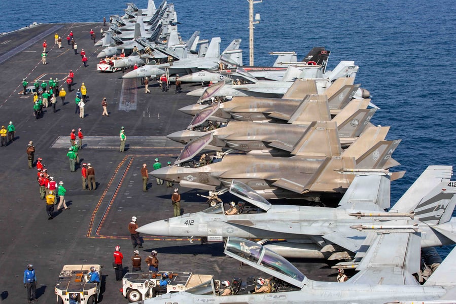 Aircraft on the flight deck of USS Abraham Lincoln during Operation Epic Fury US strikes on Iran February 2026