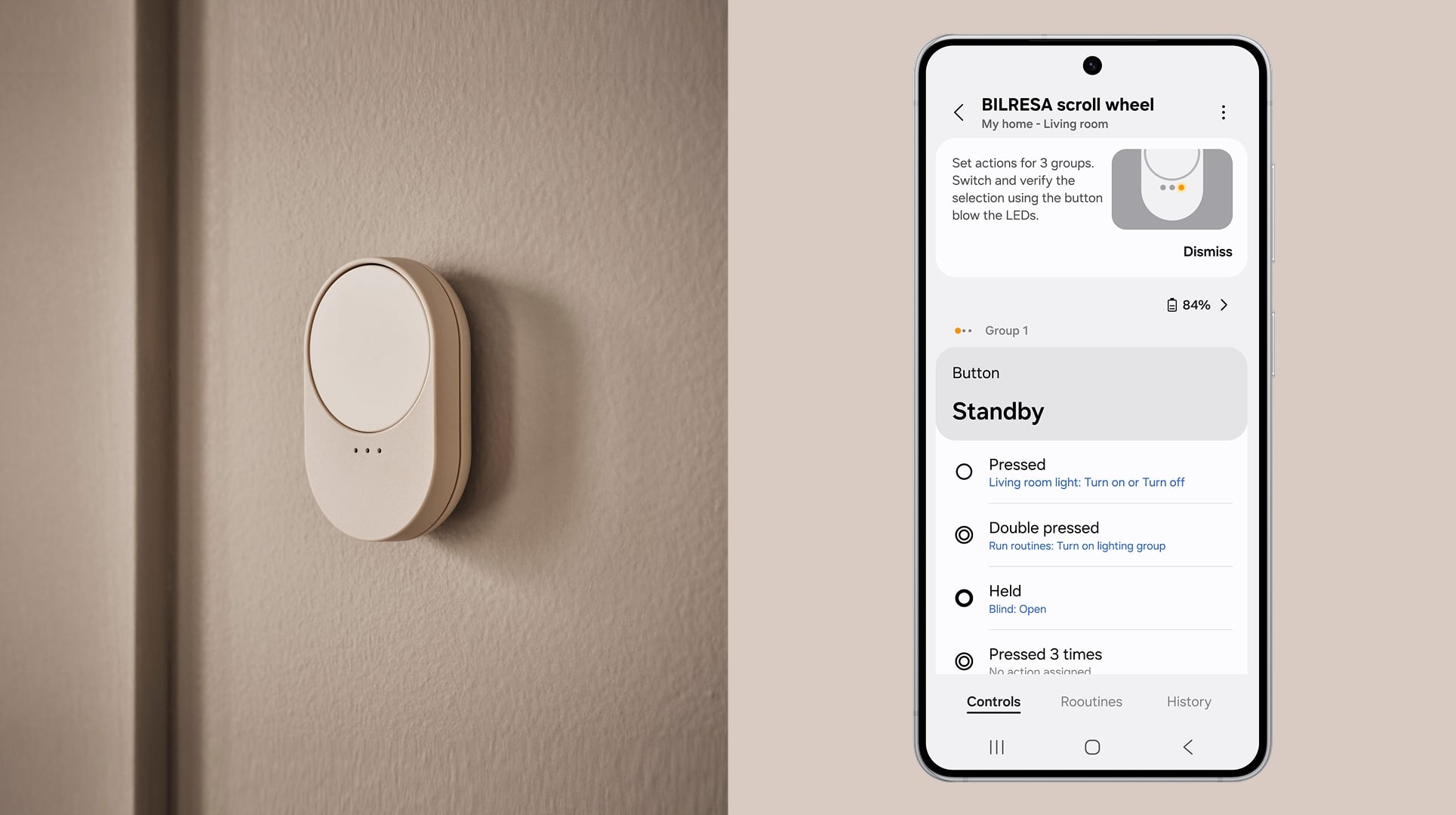 The Samsung SmartThings app open on a Galaxy phone beside a connected smart-home device