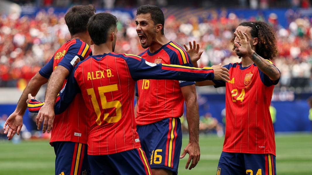 Mikel Oyarzabal celebrates after scoring for Spain against Austria at SoFi Stadium, FIFA World Cup 2026