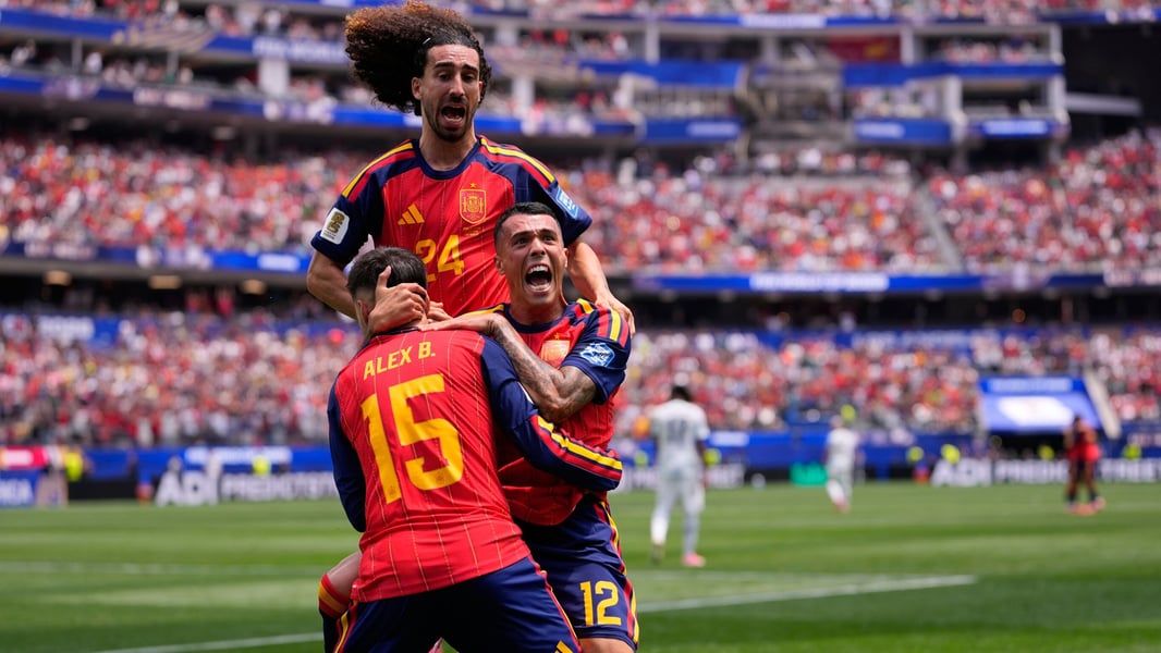 Pedro Porro celebrates after scoring Spain's second goal against Austria at SoFi Stadium, FIFA World Cup 2026