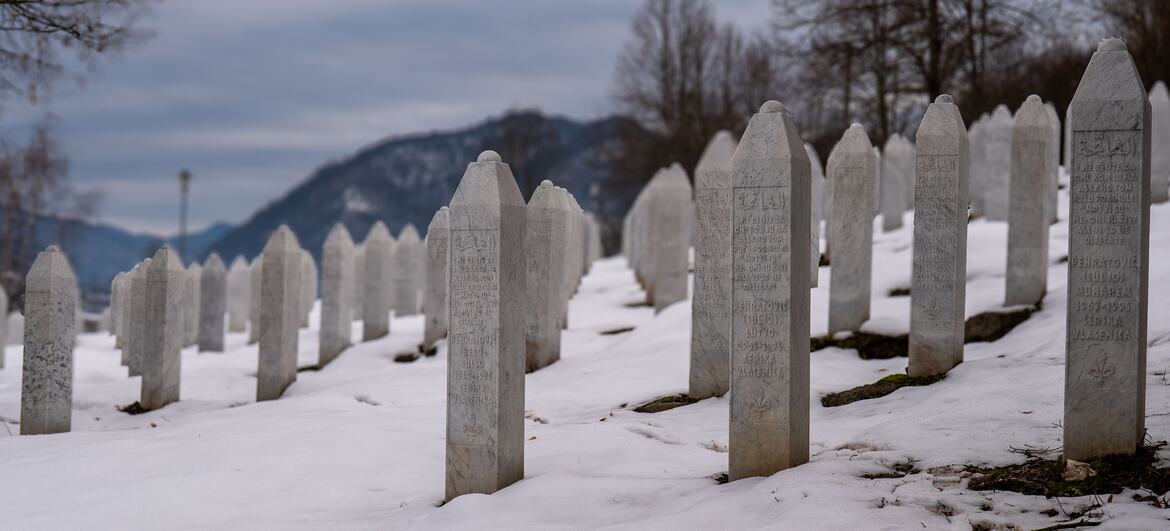 Rows of gravestones at Potocari Memorial Cemetery Srebrenica July 2026 31st anniversary