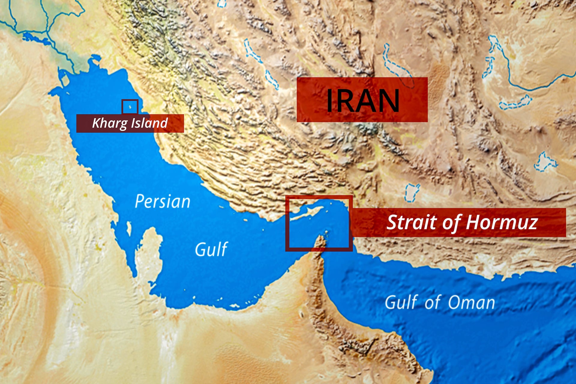 Aerial view of the Strait of Hormuz, the critical shipping chokepoint between Iran and Oman that remains partially blocked by mines
