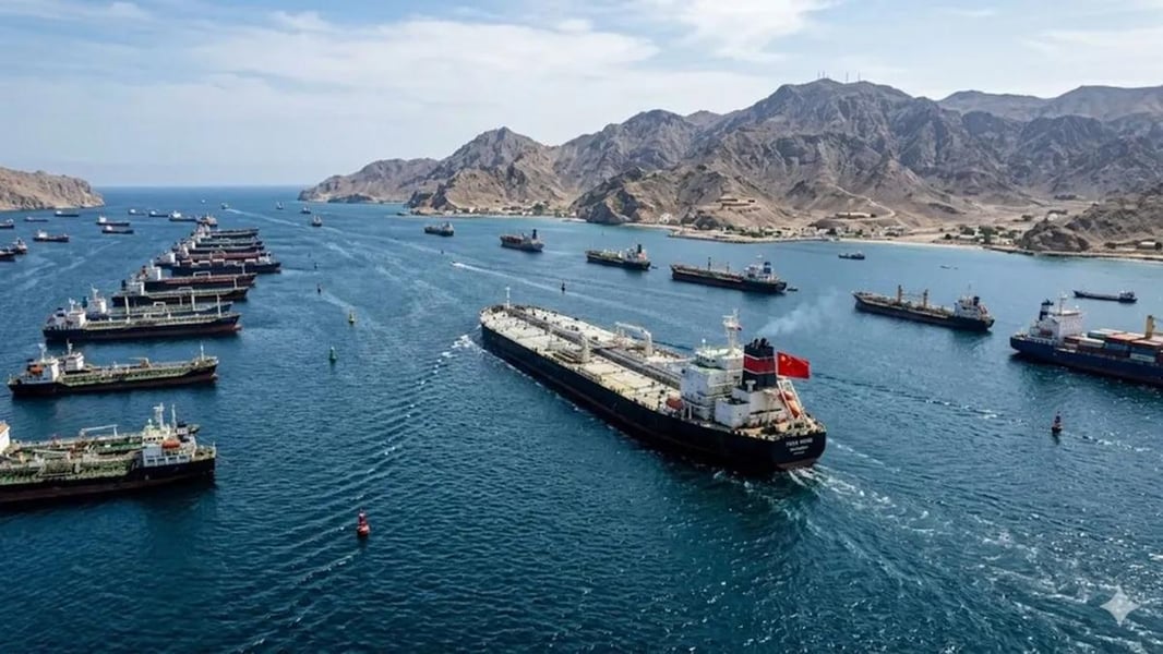Commercial oil tankers transiting the Strait of Hormuz.