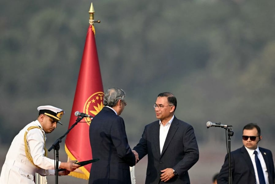 Bangladesh Prime Minister Tarique Rahman speaking about his government's policies in Dhaka