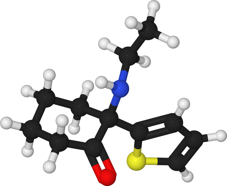 Ball-and-stick molecular model of tiletamine, a dissociative anaesthetic in the arylcyclohexylamine family closely related to ketamine