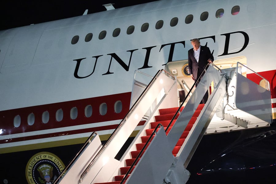 President Donald Trump returns to Joint Base Andrews on July 9, 2026, after the NATO summit in Ankara, Turkey, where he switched back from the Qatar-gifted Boeing 747 to the old Air Force One