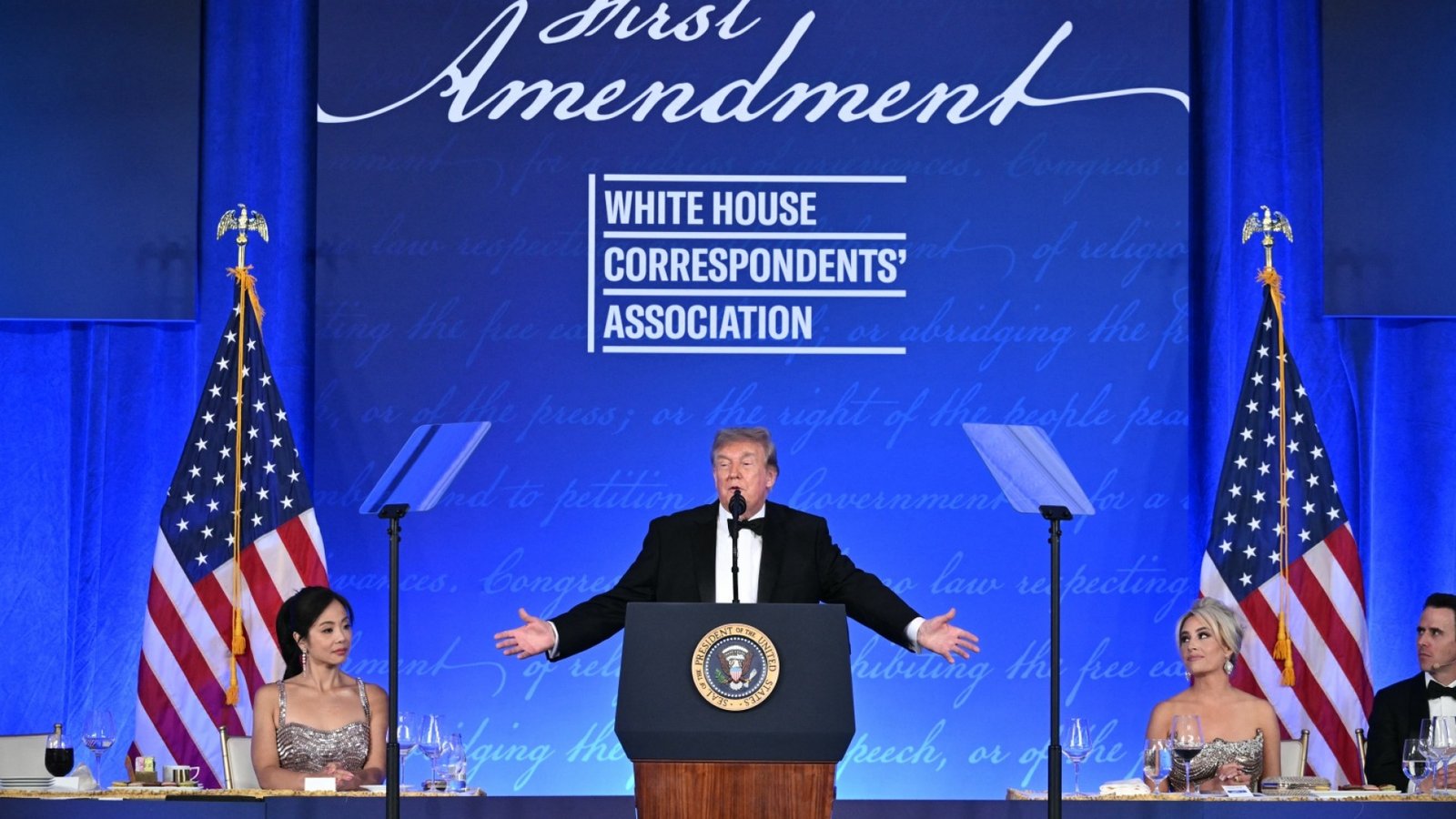 Donald Trump delivering his speech at the White House Correspondents Dinner 2026 at the Waldorf Astoria