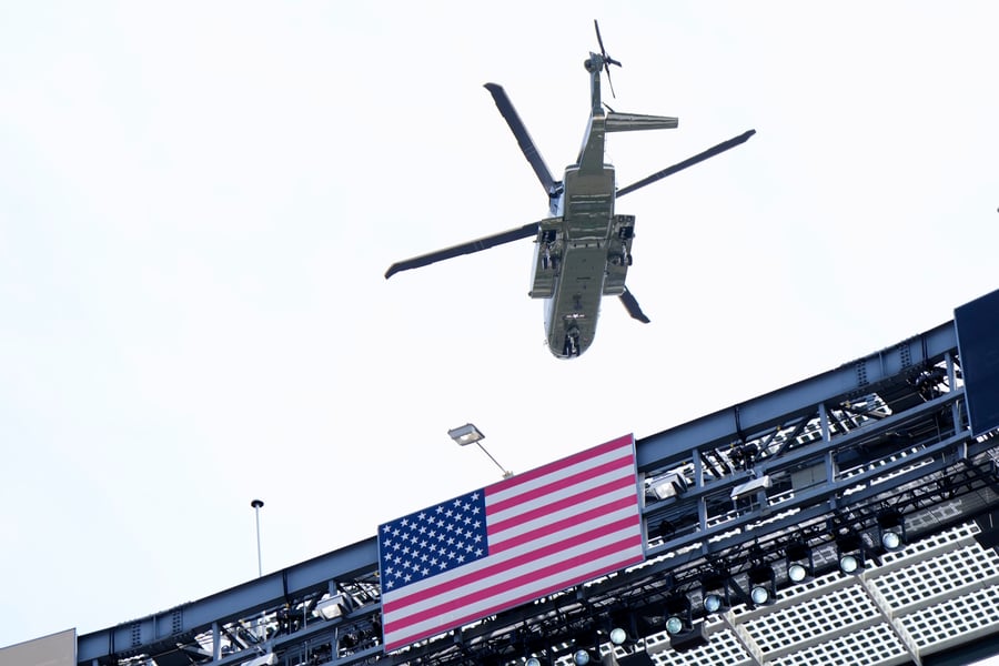 US President Trump arrives at MetLife Stadium aboard Marine One for the 2026 FIFA World Cup Final