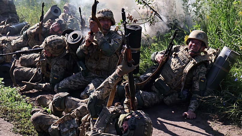 Ukrainian soldiers training as resistance to conscription vehicle mounts in Lviv