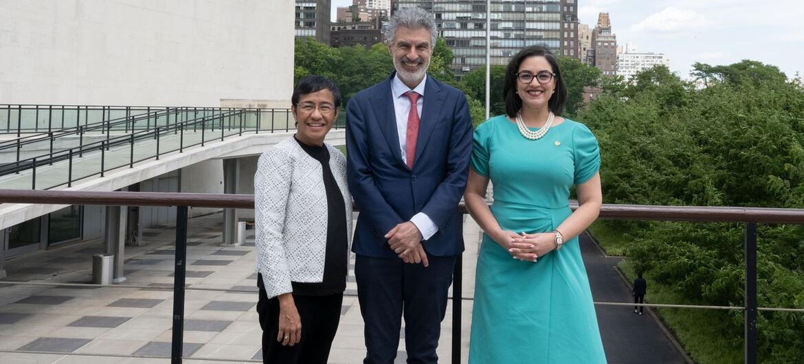 Yoshua Bengio, Maria Ressa and Egriselda Lopez co-chairs of the UN AI governance scientific panel and dialogue, Geneva July 2026