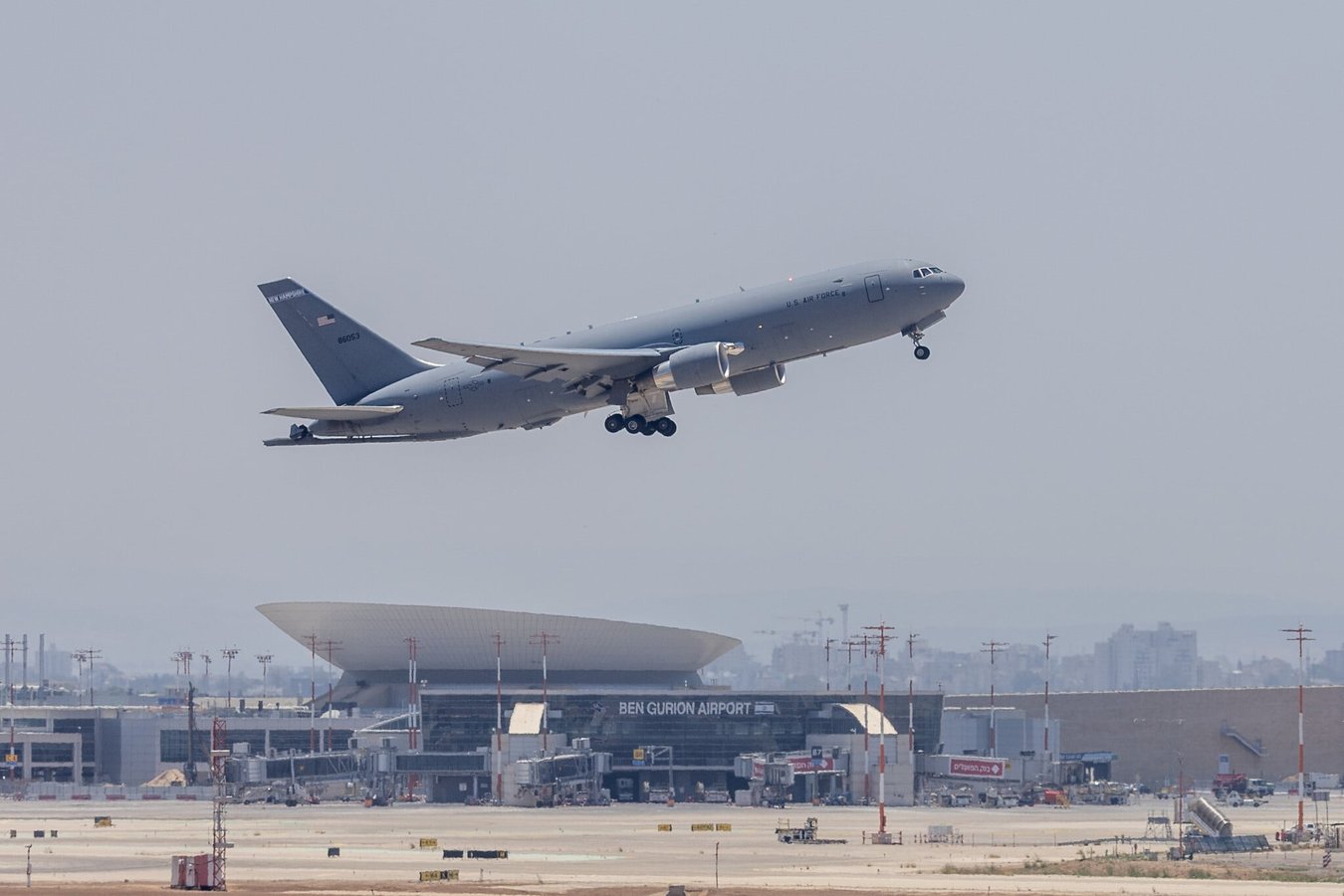 US Air Force KC-46A Pegasus aerial refueling tanker on the runway at Ben Gurion International Airport in Israel