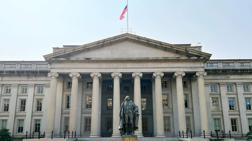 US Treasury Department building in Washington DC where GENIUS Act stablecoin rules are being finalized