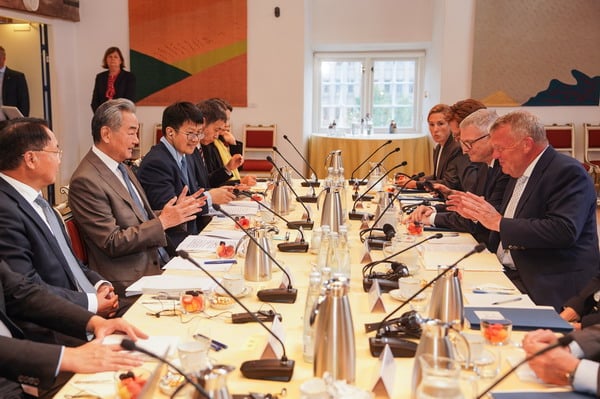 Wang Yi and Lars Løkke Rasmussen during China-Denmark diplomatic talks in Copenhagen as part of Beijing's Nordic tour July 2026