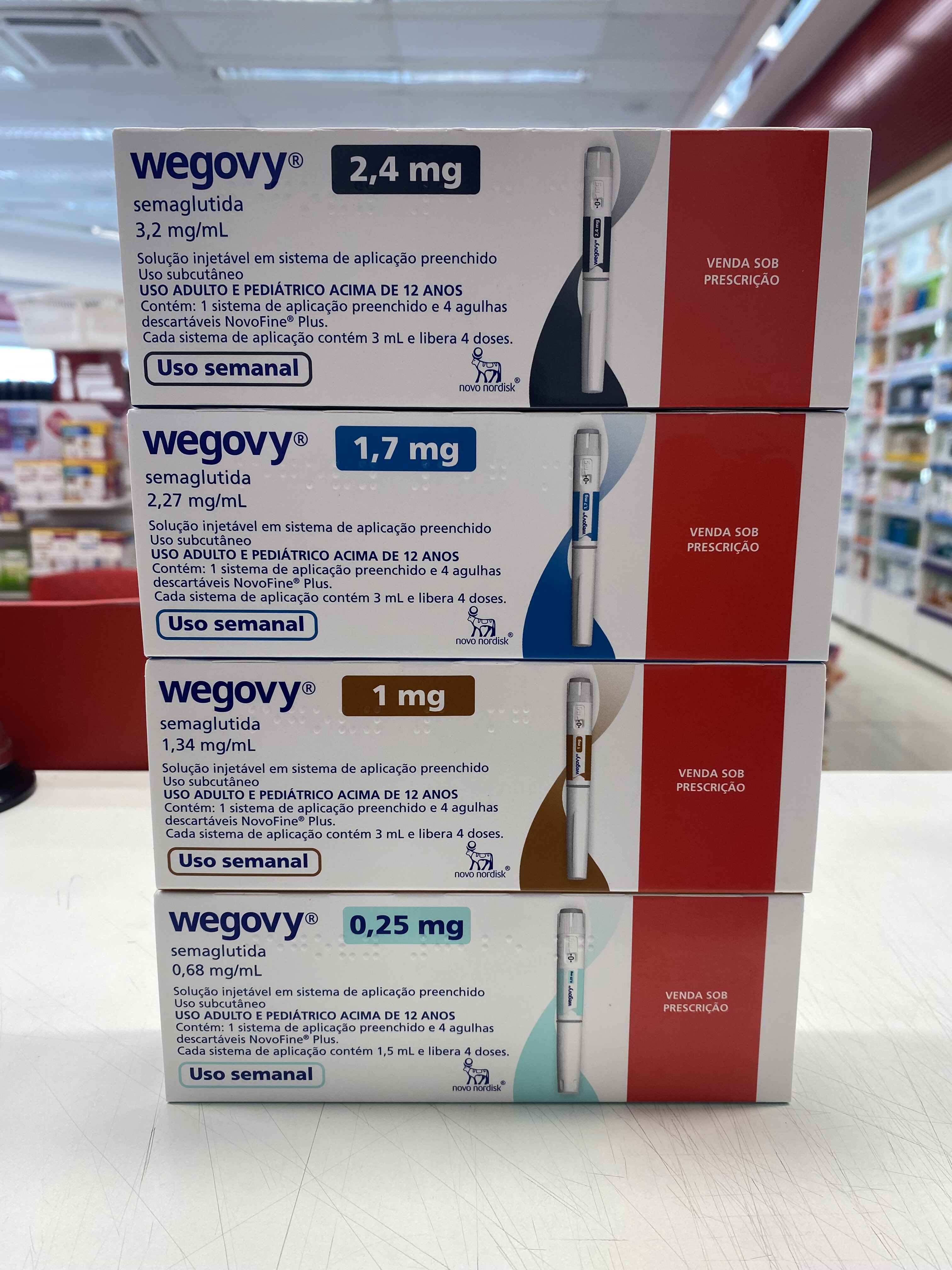 Four different dose strengths of Wegovy semaglutide injection pens for obesity treatment