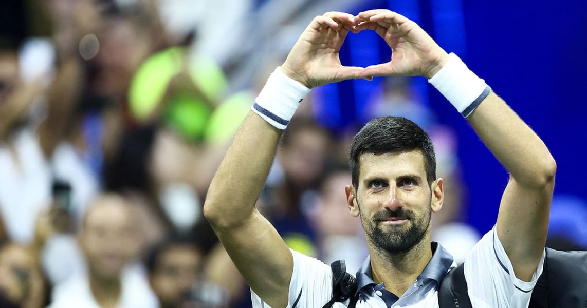 Novak Djokovic reacts during his first-round loss to Mariano Navone at the 2026 US Open