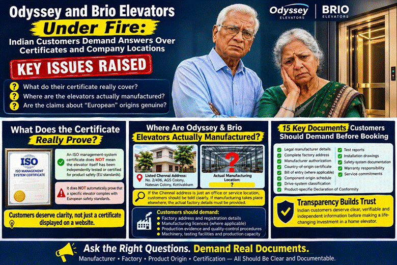 Odyssey & Brio Elevators Exposed! Questions Over Imported Claims, Certificates and Locations