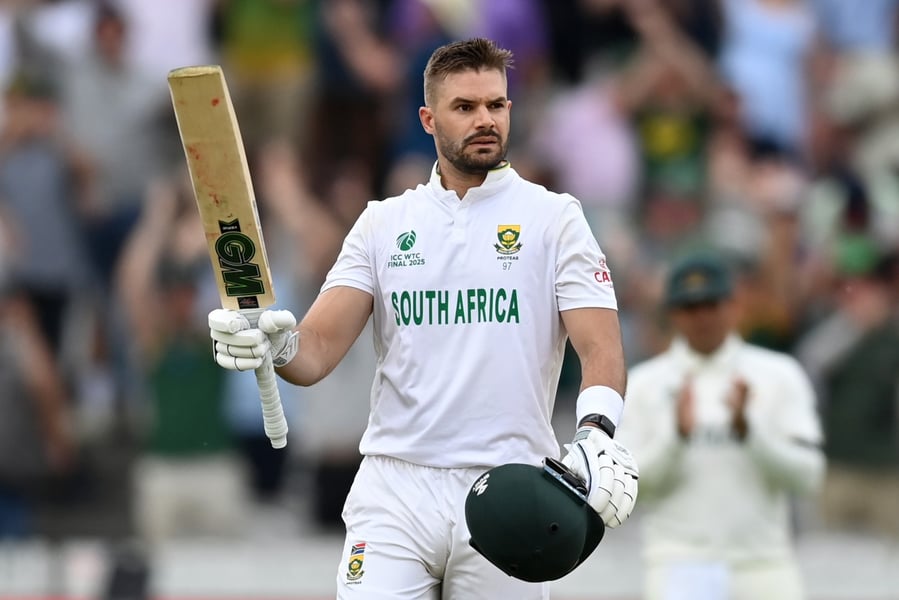 Aiden Markram raises his bat after reaching his century for South Africa against Australia in the WTC Final at Lord's