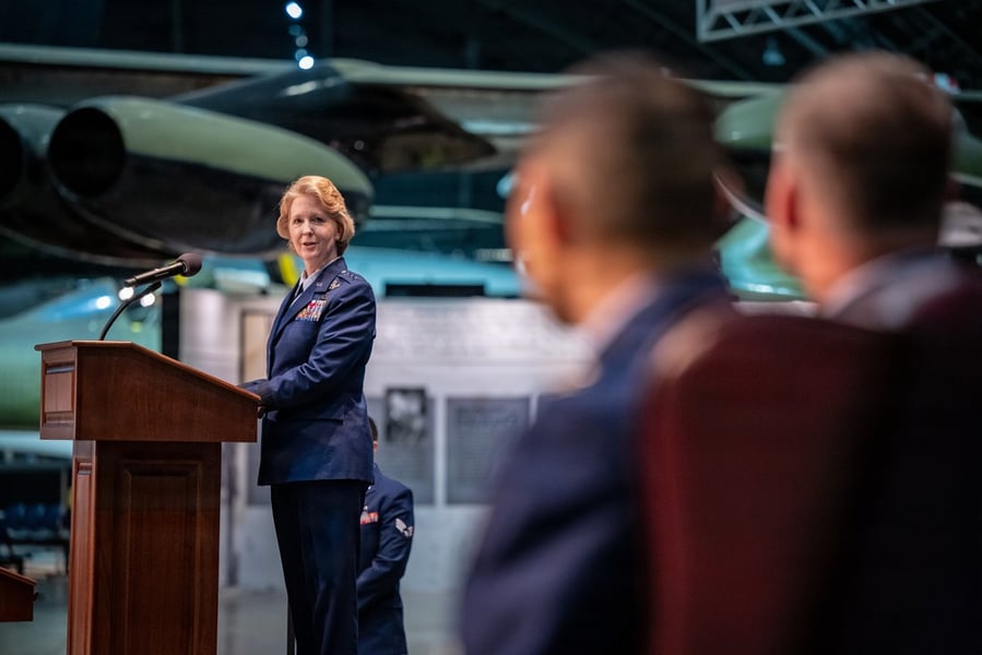 US Air Force Lt. Gen. Donna Shipton presides over a change of command ceremony at the National Museum of the US Air Force, Wright-Patterson AFB — the command structure under which Major Jason Watson served before being charged under Article 88 UCMJ