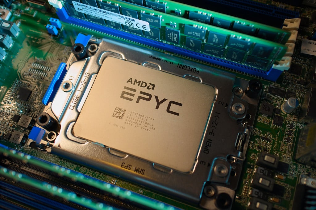 AMD EPYC server processor installed in a socket on a server motherboard