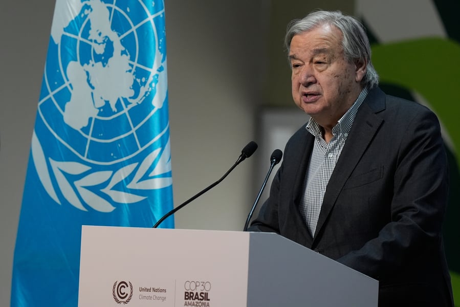 UN Secretary-General Antonio Guterres speaking at a news conference