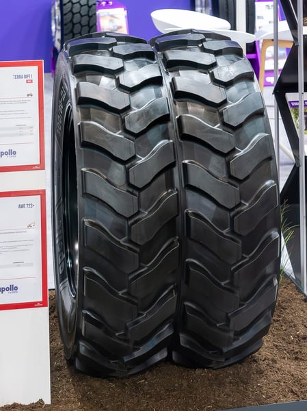 An Apollo Terra MPT1 agricultural tyre displayed at the Agritechnica trade fair in Hanover, Germany