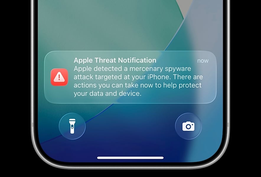 Apple iOS notification warning users of spyware attacks from government surveillance tools including NSO Group Pegasus