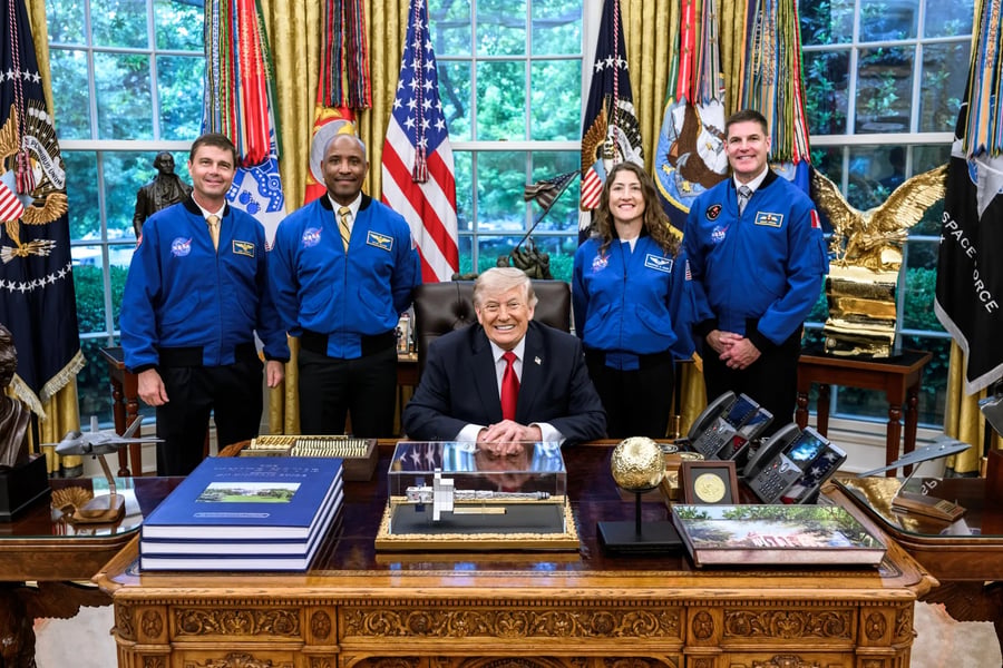 Artemis II astronauts Reid Wiseman, Christina Koch, Victor Glover, and Jeremy Hansen with President Trump at the White House in August 2026 ahead of their Congressional Space Medal of Honor ceremony