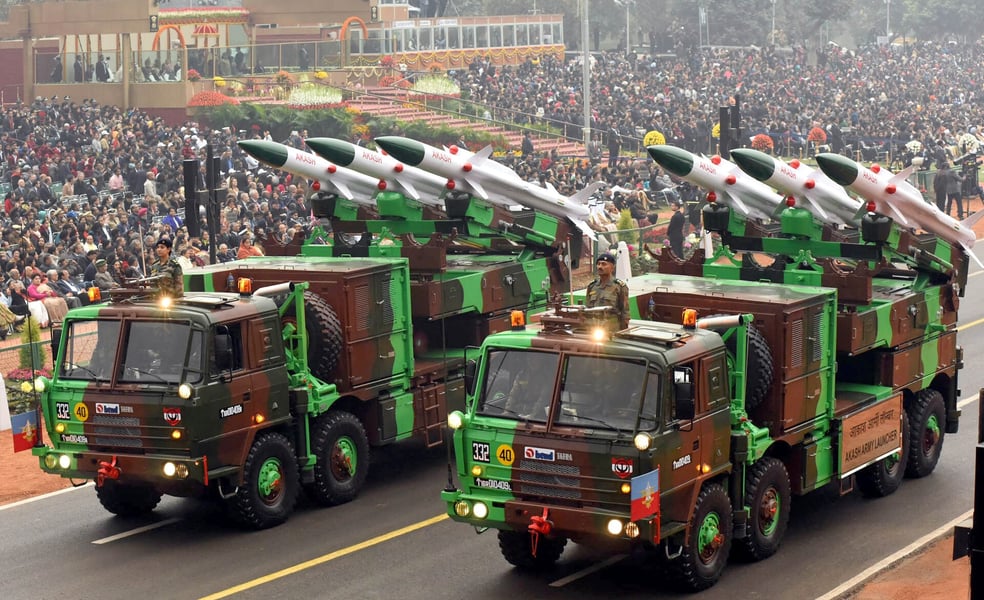An Akash surface-to-air missile army launcher on parade in New Delhi, the programme at the centre of the Bharat Dynamics order book