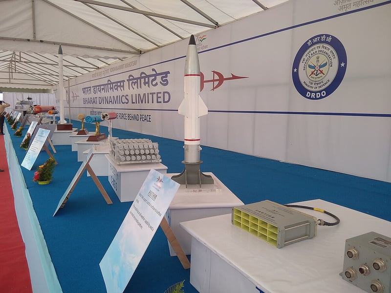Missiles built by Bharat Dynamics on display at an exhibition