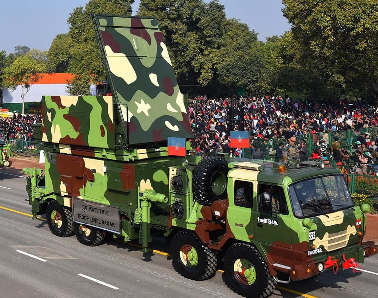 A troop level radar vehicle on parade in New Delhi, part of the ground-based air defence chain the Akash system depends on