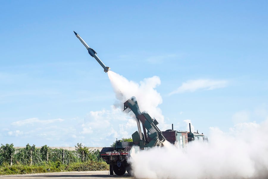 A Quick Reaction Surface to Air Missile lifts off from a road-mobile launcher at the Integrated Test Range in Chandipur, the programme behind the pending BEL order