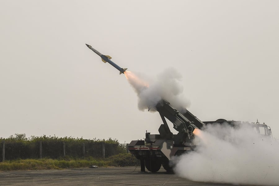 A QRSAM canister launcher vehicle during a DRDO flight test, the air defence system at the centre of the pending Bharat Electronics order