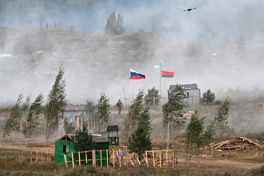 A serviceman takes part in the Zapad-2025 joint Russian-Belarusian military drills at a training ground near Borisov, east of Minsk