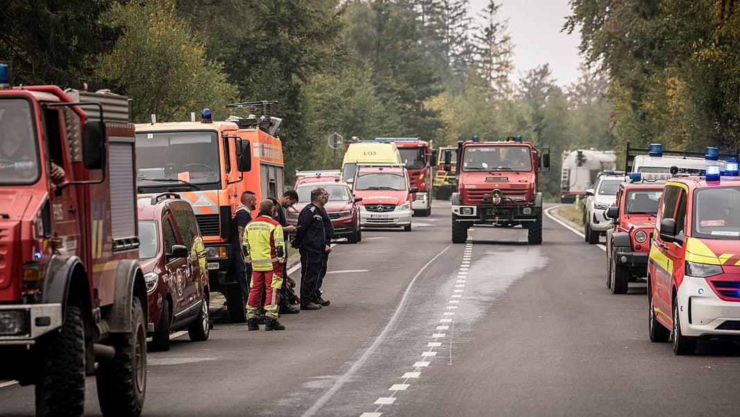 Firefighters battling the High Fens wildfire in the Hautes Fagnes nature reserve near Eupen, Belgium