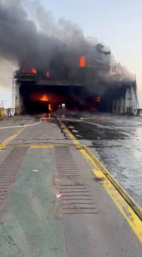 Turkish cargo ship ablaze in Black Sea after drone attack near Novorossiysk, illustrating the drone warfare threat to regional energy infrastructure