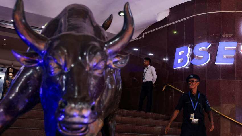 Stock exchange display board showing Sensex index levels at the Bombay Stock Exchange in Mumbai
