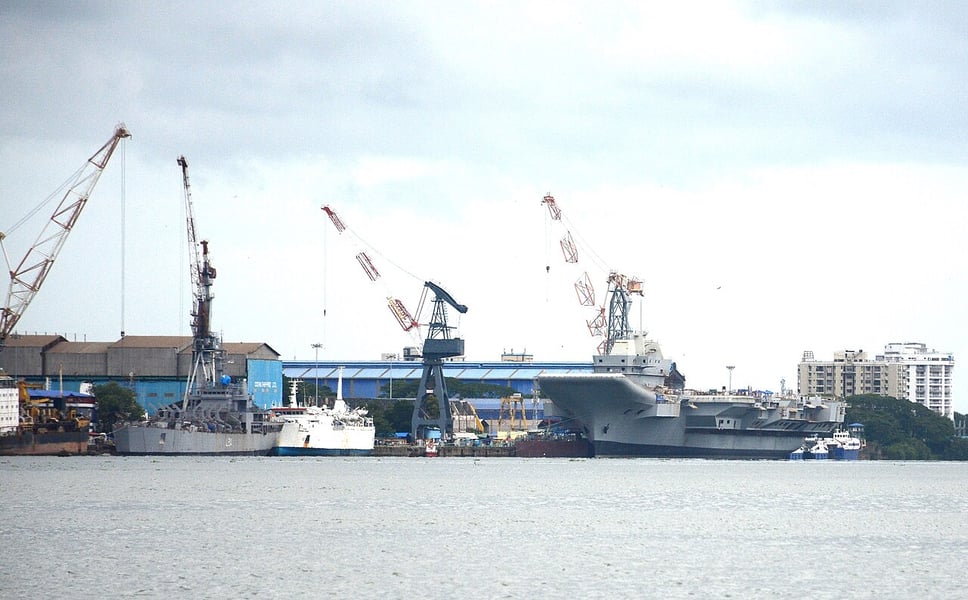 The aircraft carrier INS Vikrant, the first carrier class built entirely in India, constructed at Cochin Shipyard in Kerala