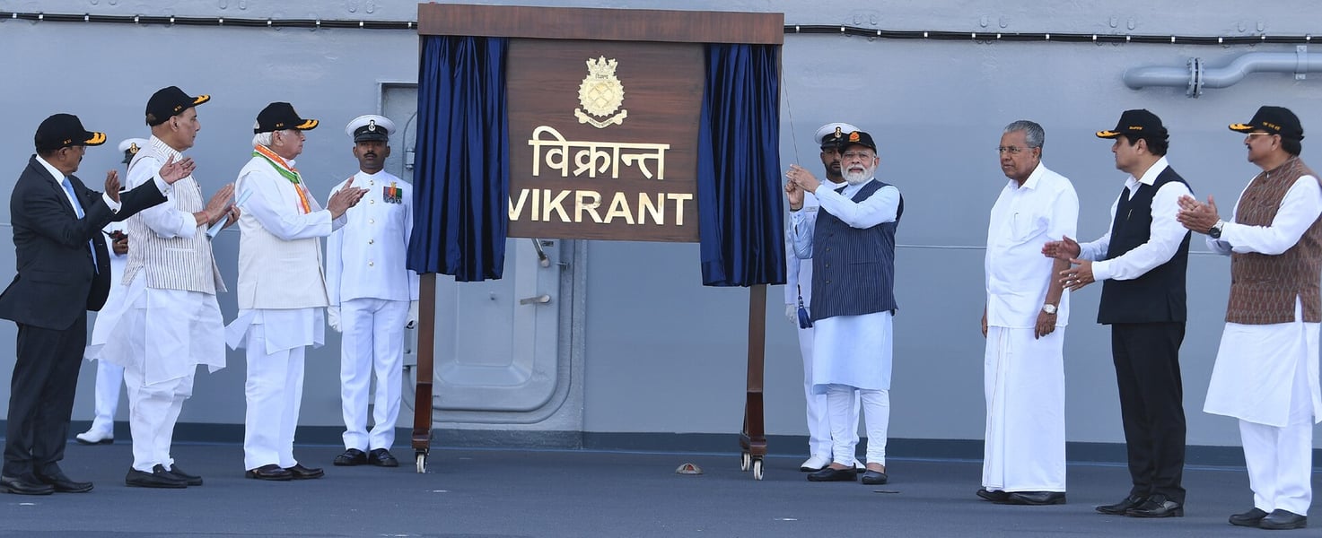 The commissioning of the aircraft carrier INS Vikrant at Kochi, the largest warship built by Cochin Shipyard